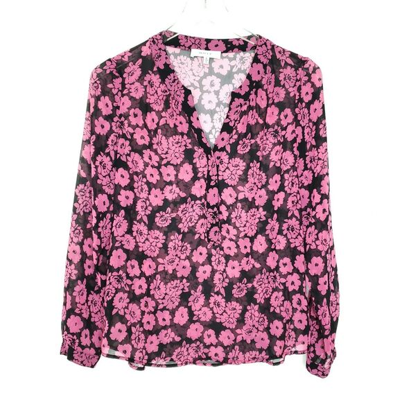 MILLY Blouse Shirt Size 2 Pink Black Brooke Floral Print Chiffon - Picture 1 of 10